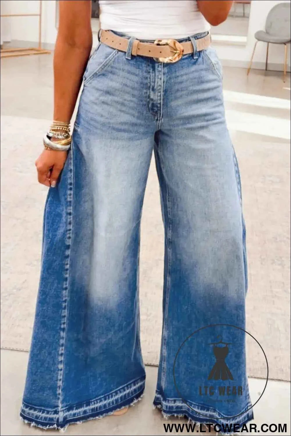 Myosotis Side Seam Gathering Flare Leg Jeans Casual Daily Full-length Denim Pants