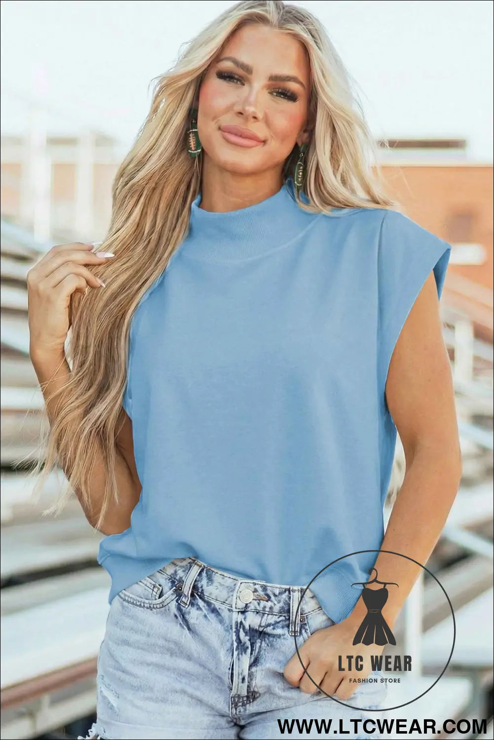 Myosotis Solid Color High Neck Cap Sleeve Loose Top