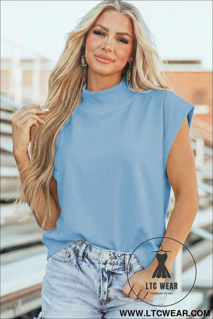 Myosotis Solid Color High Neck Cap Sleeve Loose Top