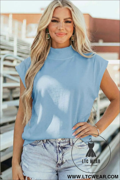 Myosotis Solid Color High Neck Cap Sleeve Loose Top