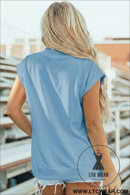 Myosotis Solid Color High Neck Cap Sleeve Loose Top