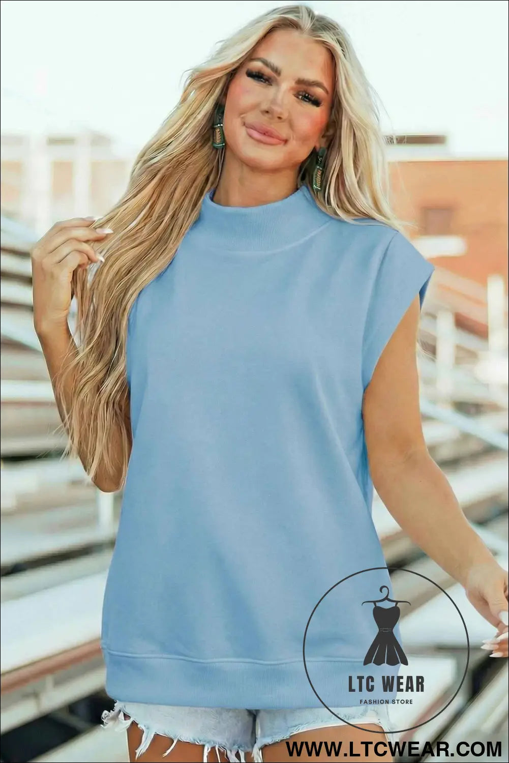 Myosotis Solid Color High Neck Cap Sleeve Loose Top