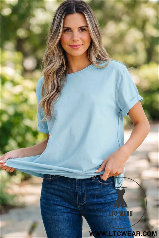 Myosotis Solid Color Round Neck Casual T Shirt