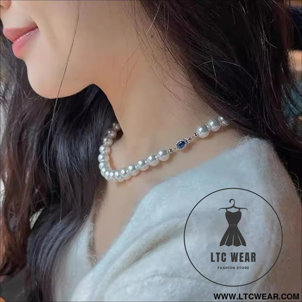 Natural mother-of-pearl pearl necklace silver blue gem clasp high luster premium quality pearl australian white necklace