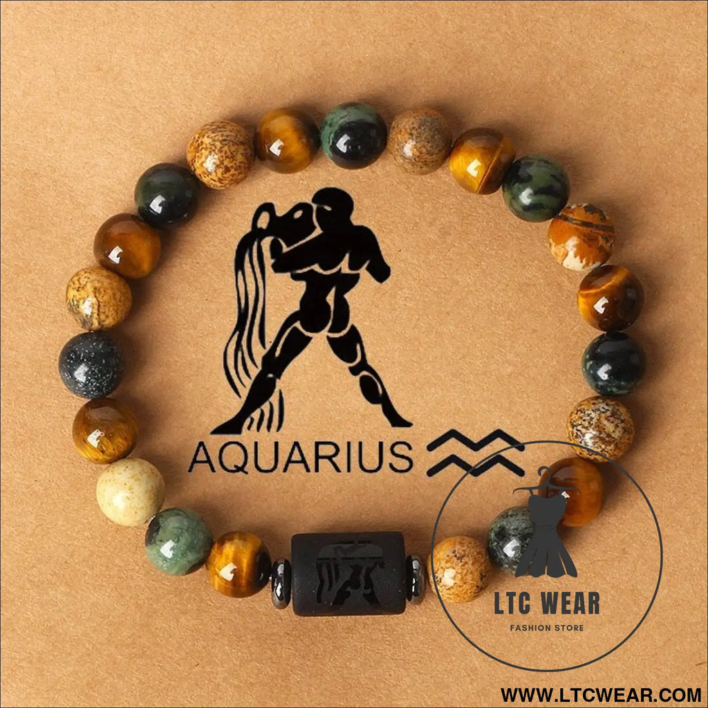 Natural stone beaded tiger eye picture stone bracelet zodiac bracelet - aquarius (jan. 20 - feb. 18) with card