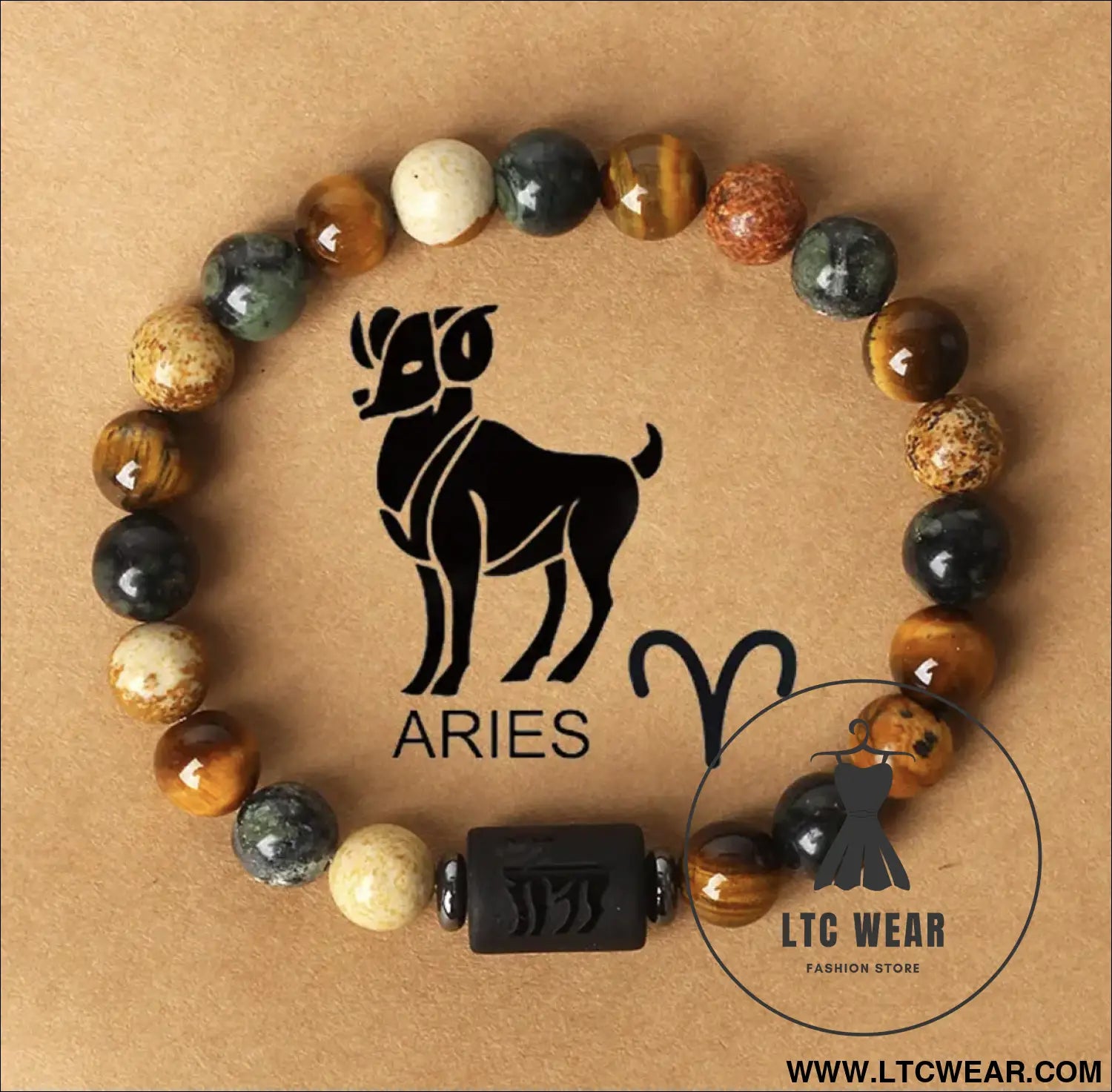 Natural stone beaded tiger eye picture stone bracelet zodiac bracelet - aries (march 21 - april 19) with card