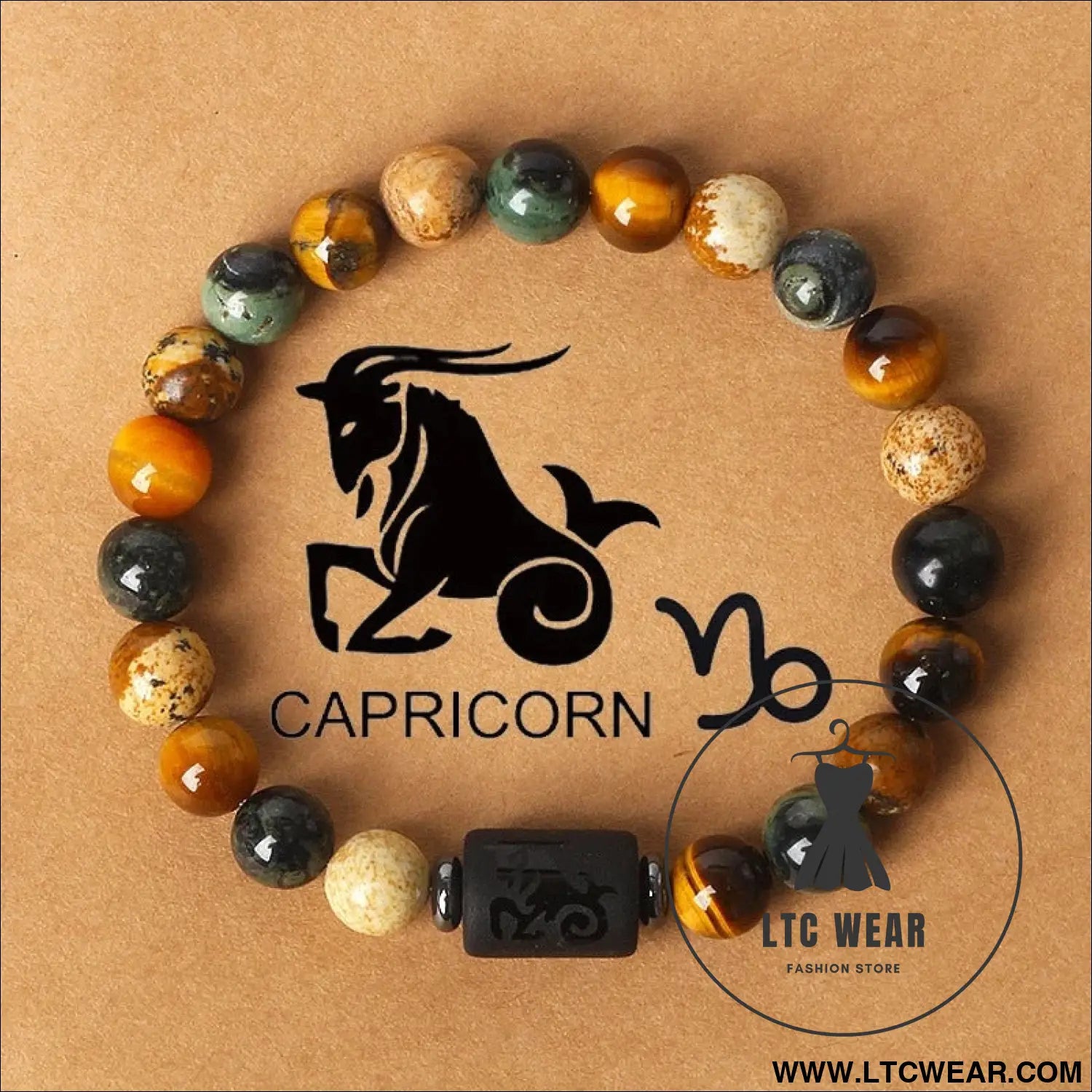 Natural stone beaded tiger eye picture stone bracelet zodiac bracelet - capricorn (dec 22 - jan 19) with card