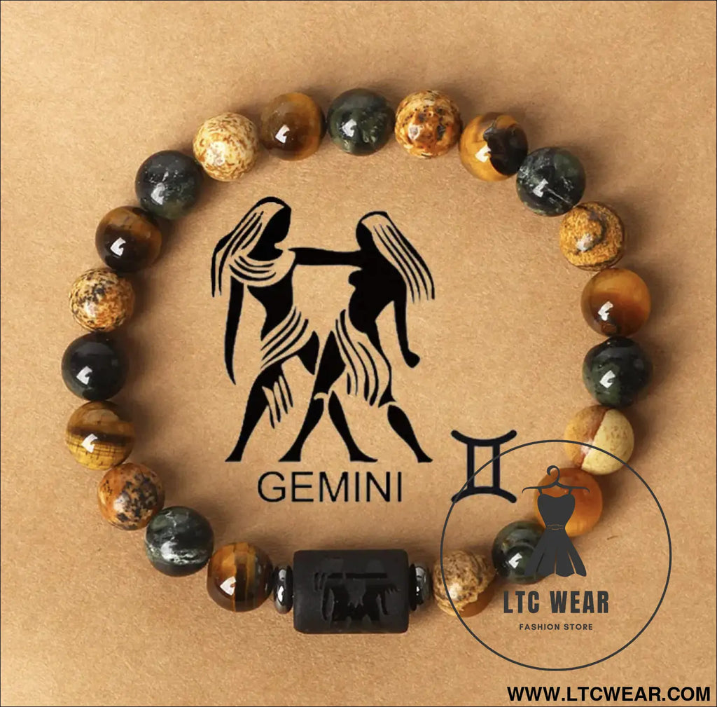 Natural stone beaded tiger eye picture stone bracelet zodiac bracelet - gemini (may 21 - june 21) with card