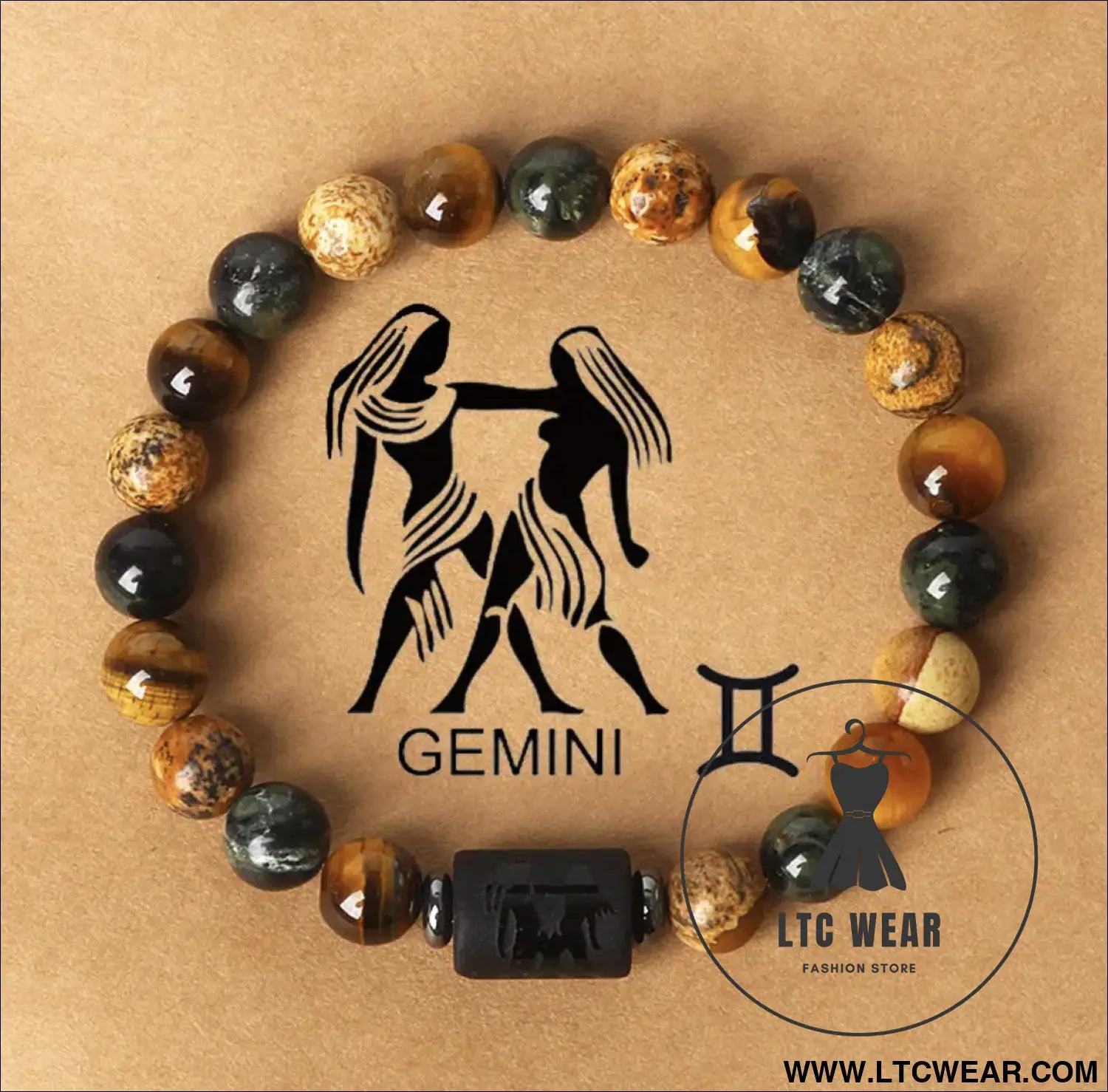 Natural stone beaded tiger eye picture stone bracelet zodiac bracelet - gemini (may 21 - june 21) with card