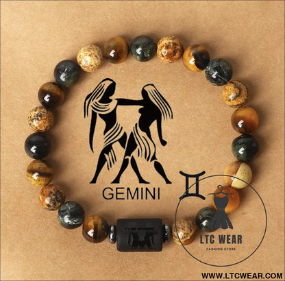 Natural stone beaded tiger eye picture stone bracelet zodiac bracelet - gemini (may 21 - june 21) with card