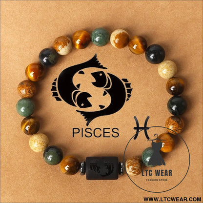 Natural stone beaded tiger eye picture stone bracelet zodiac bracelet - pisces (feb 19 - mar 20) with card