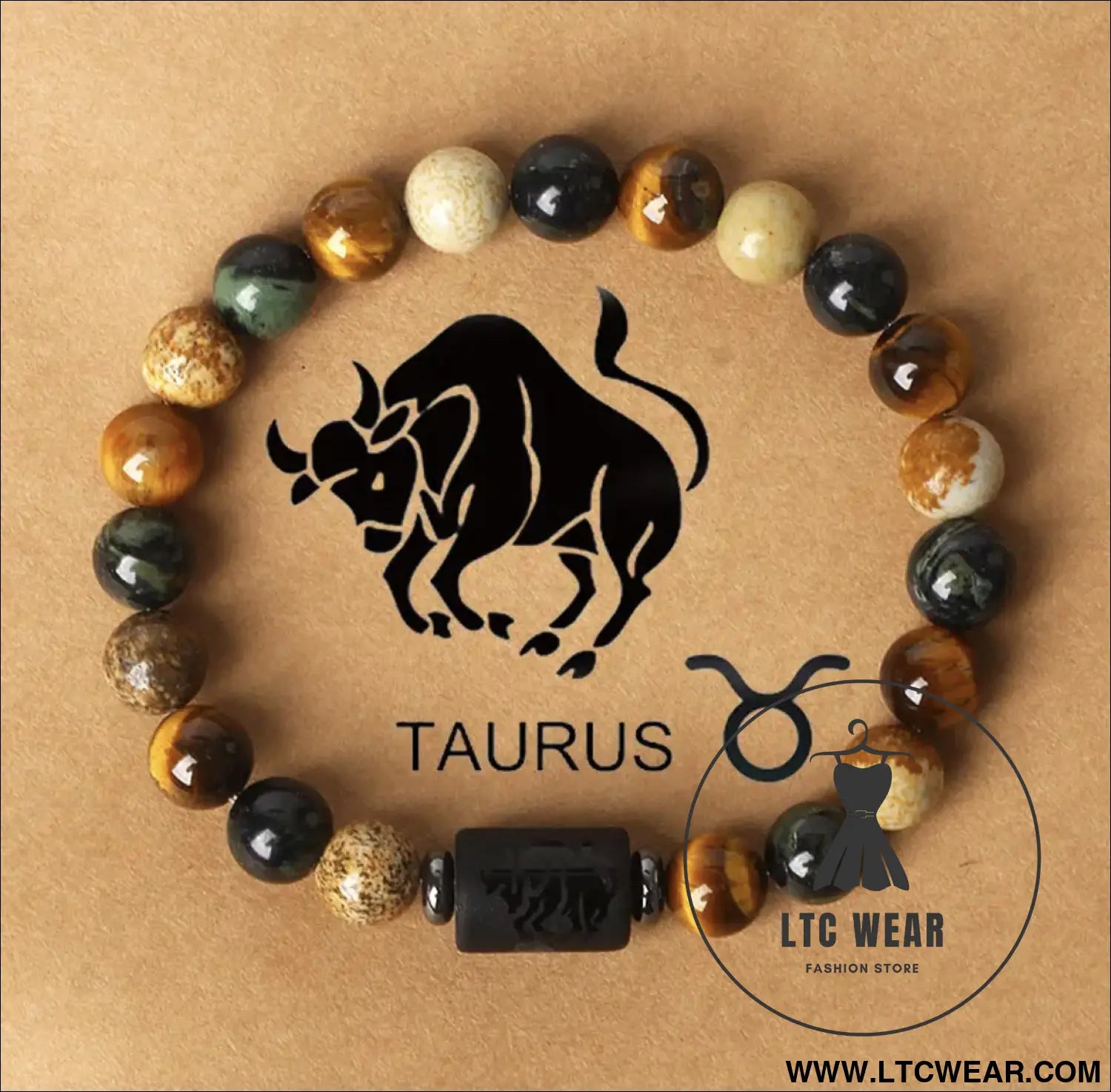 Natural stone beaded tiger eye picture stone bracelet zodiac bracelet - taurus (april 20 - may 20) with card