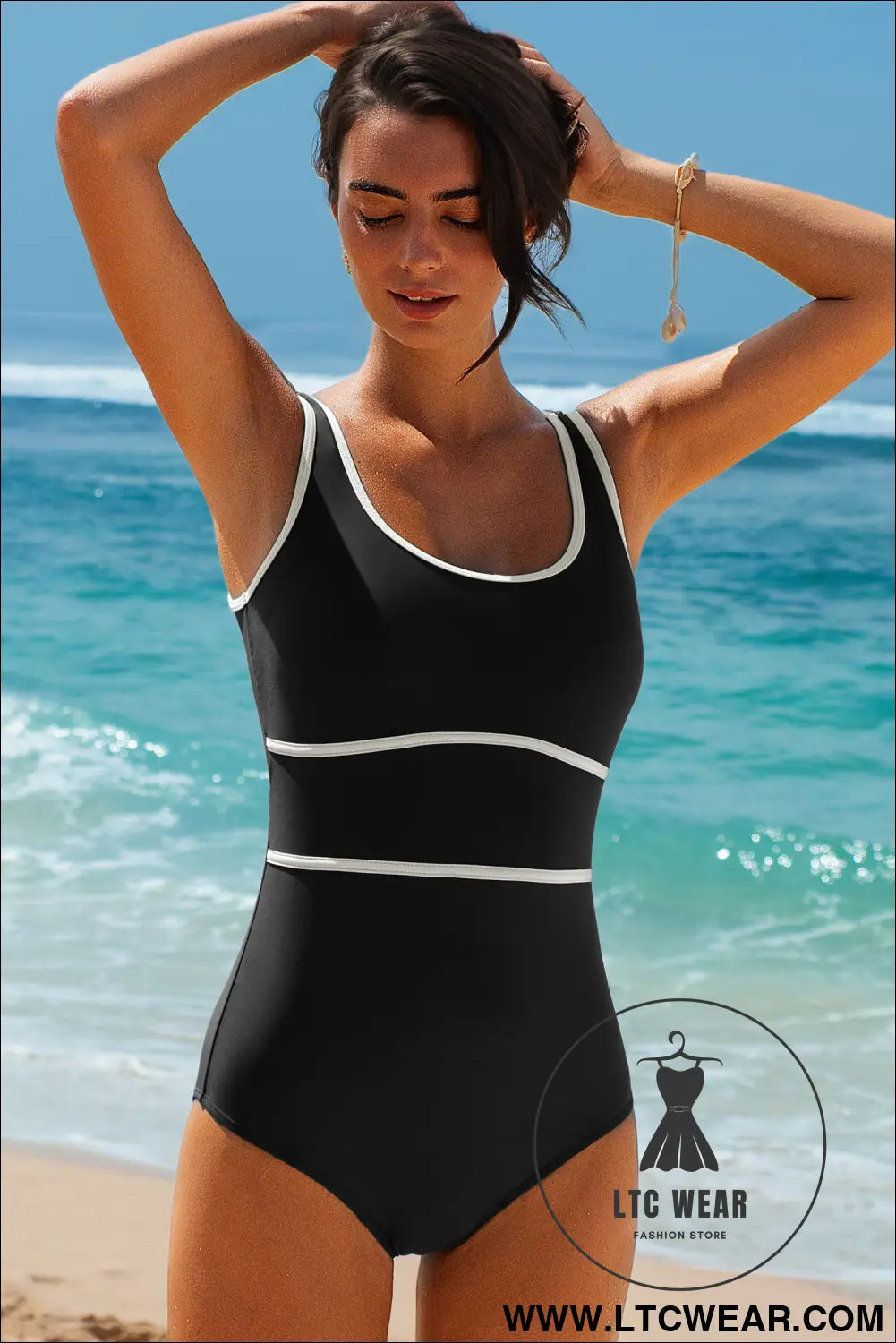 Navy Blue Contrast Trim Lace-up Back One Piece Swimsuit - L.T.C Wear Online Fashion Store