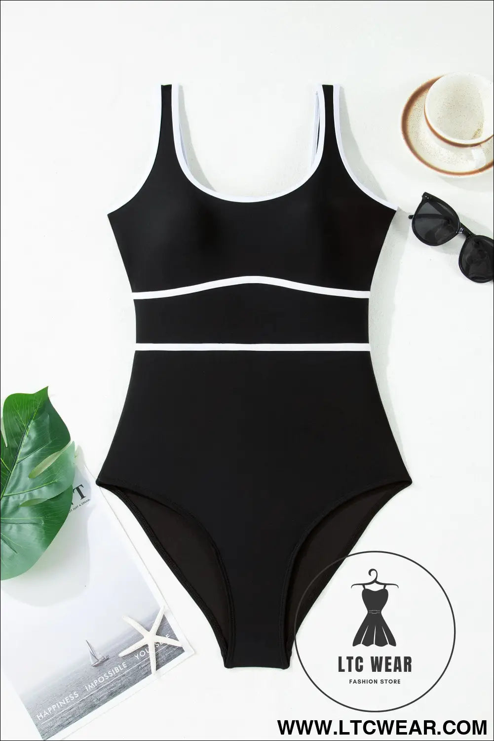 Navy Blue Contrast Trim Lace-up Back One Piece Swimsuit - L.T.C Wear Online Fashion Store