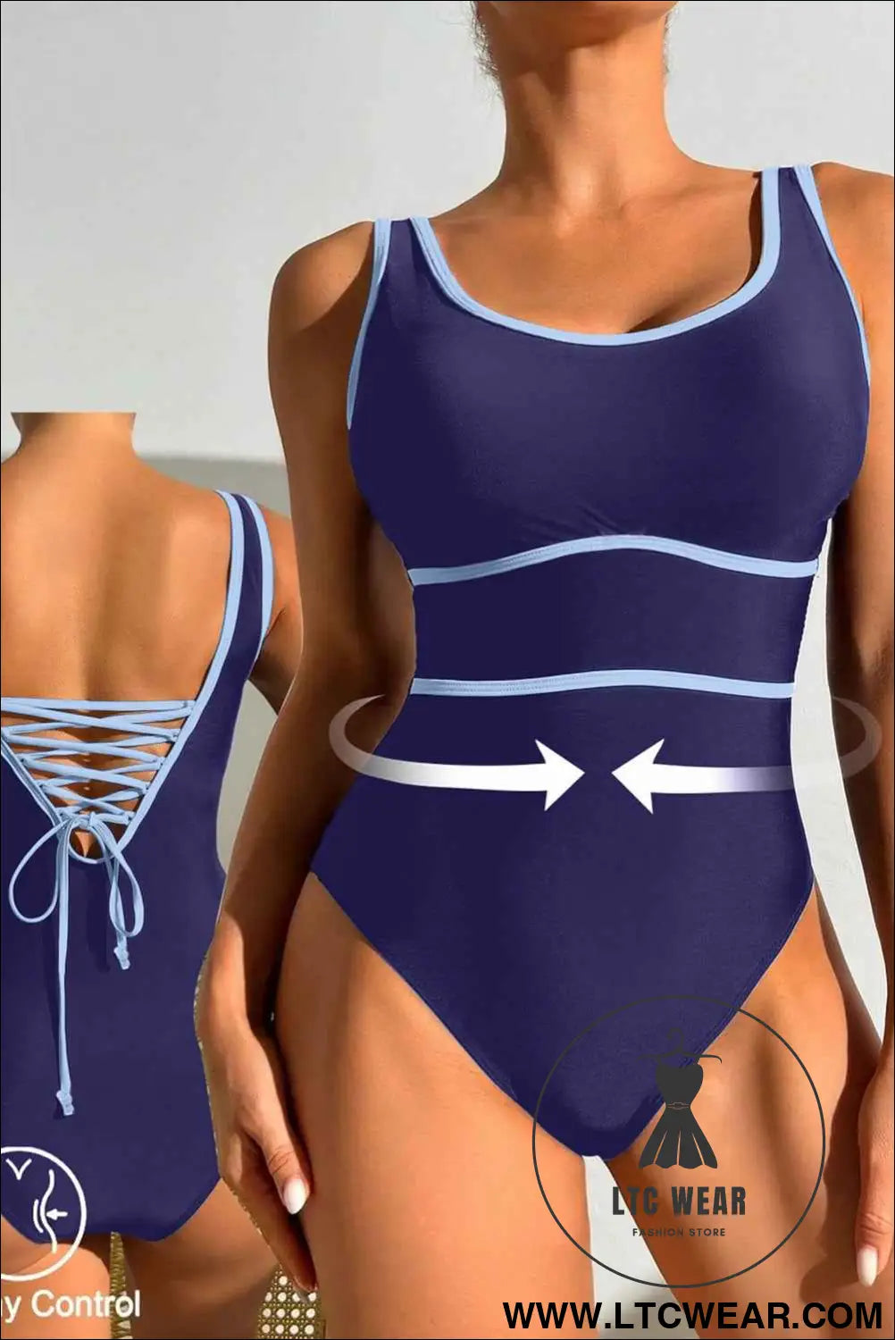 Navy Blue Contrast Trim Lace-up Back One Piece Swimsuit