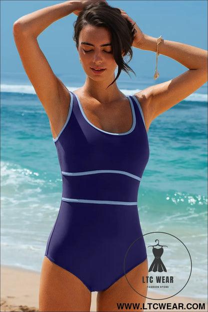 Navy Blue Contrast Trim Lace-up Back One Piece Swimsuit - L.T.C Wear Online Fashion Store