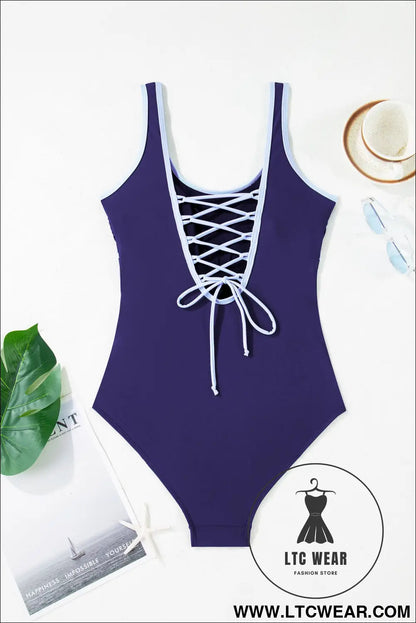 Navy Blue Contrast Trim Lace-up Back One Piece Swimsuit - L.T.C Wear Online Fashion Store