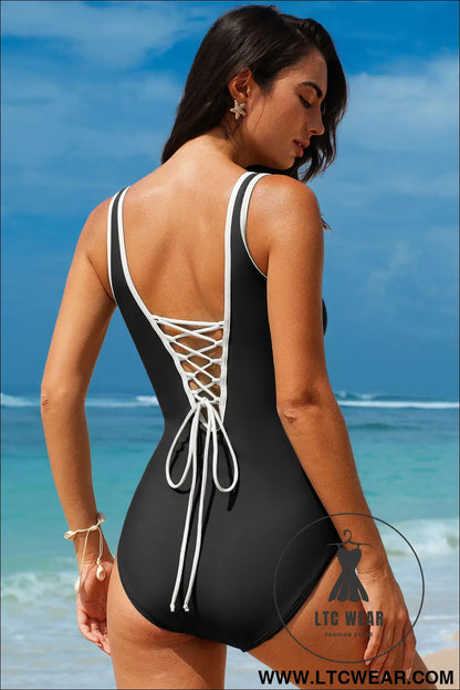 Navy Blue Contrast Trim Lace-up Back One Piece Swimsuit - L.T.C Wear Online Fashion Store