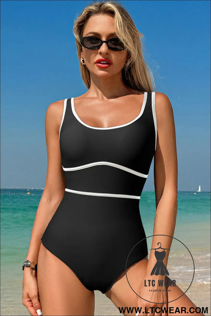 Navy Blue Contrast Trim Lace-up Back One Piece Swimsuit - L.T.C Wear Online Fashion Store