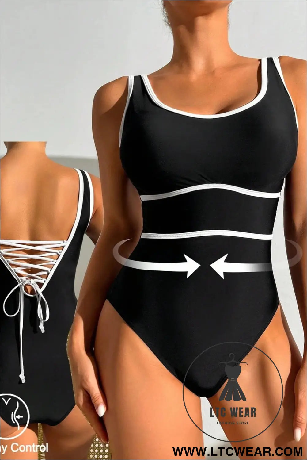 Navy Blue Contrast Trim Lace-up Back One Piece Swimsuit - L.T.C Wear Online Fashion Store