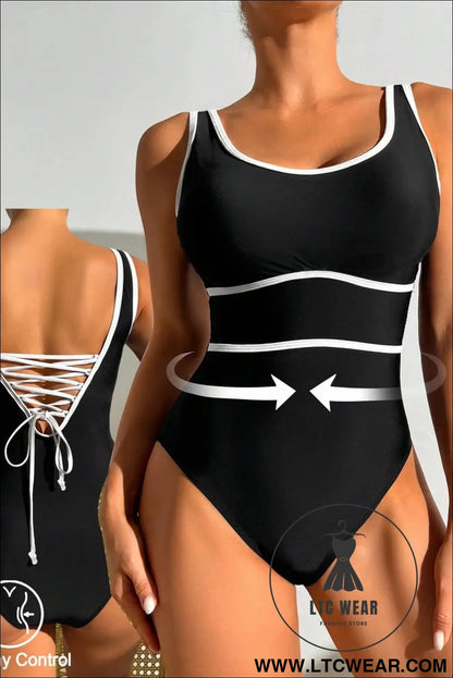 Navy Blue Contrast Trim Lace-up Back One Piece Swimsuit - L.T.C Wear Online Fashion Store