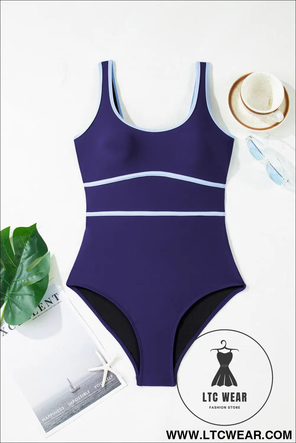 Navy Blue Contrast Trim Lace-up Back One Piece Swimsuit - L.T.C Wear Online Fashion Store