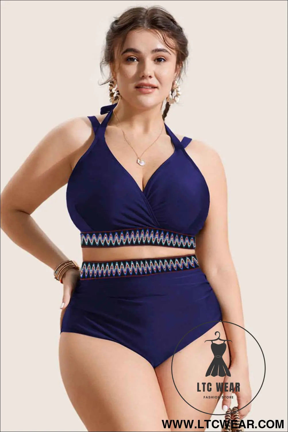 Navy Blue Embroidered Trim Wrap Tie Knot Plus Size High Waisted Bikini Set