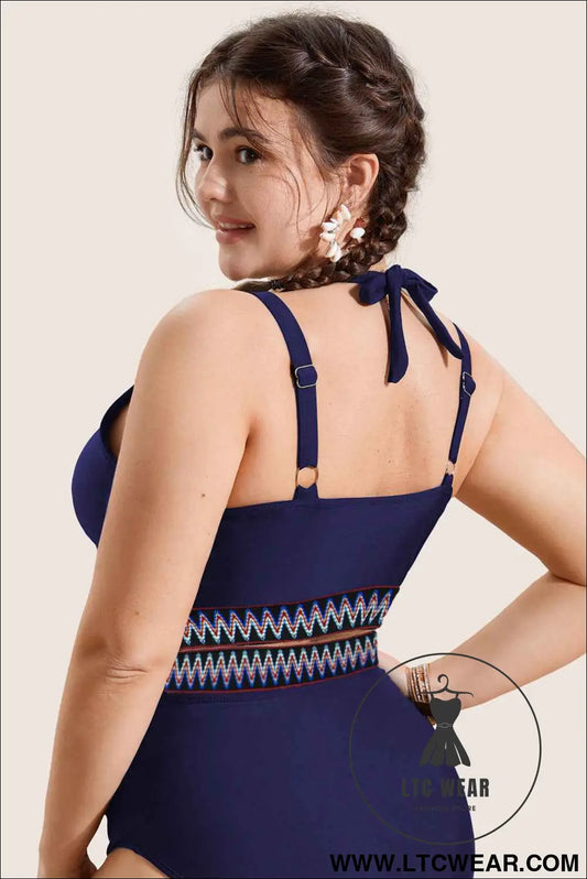 Navy Blue Embroidered Trim Wrap Tie Knot Plus Size High Waisted Bikini Set