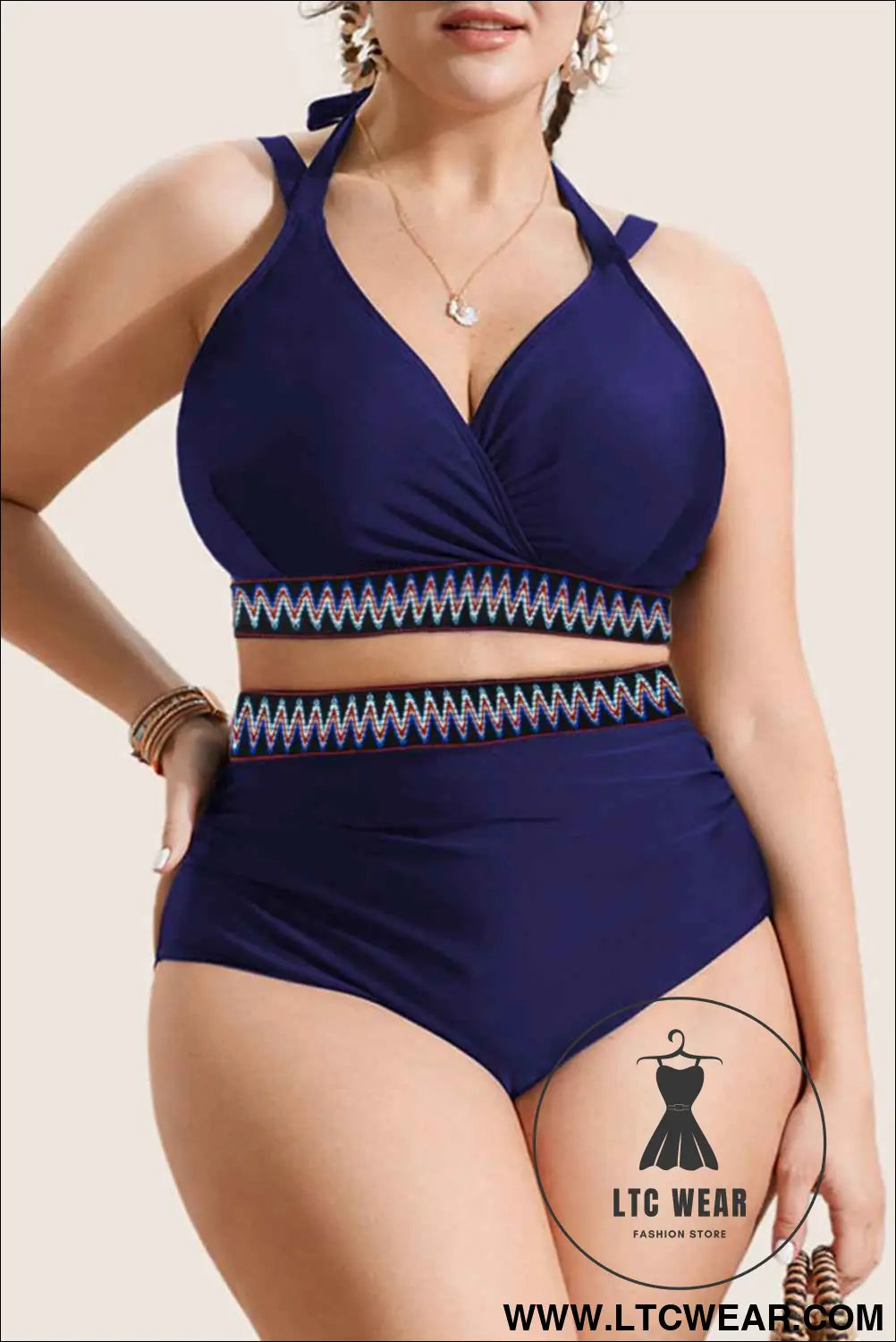 Navy Blue Embroidered Trim Wrap Tie Knot Plus Size High Waisted Bikini Set