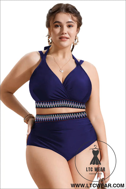 Navy Blue Embroidered Trim Wrap Tie Knot Plus Size High Waisted Bikini Set - L.T.C Wear Online Fashion Store
