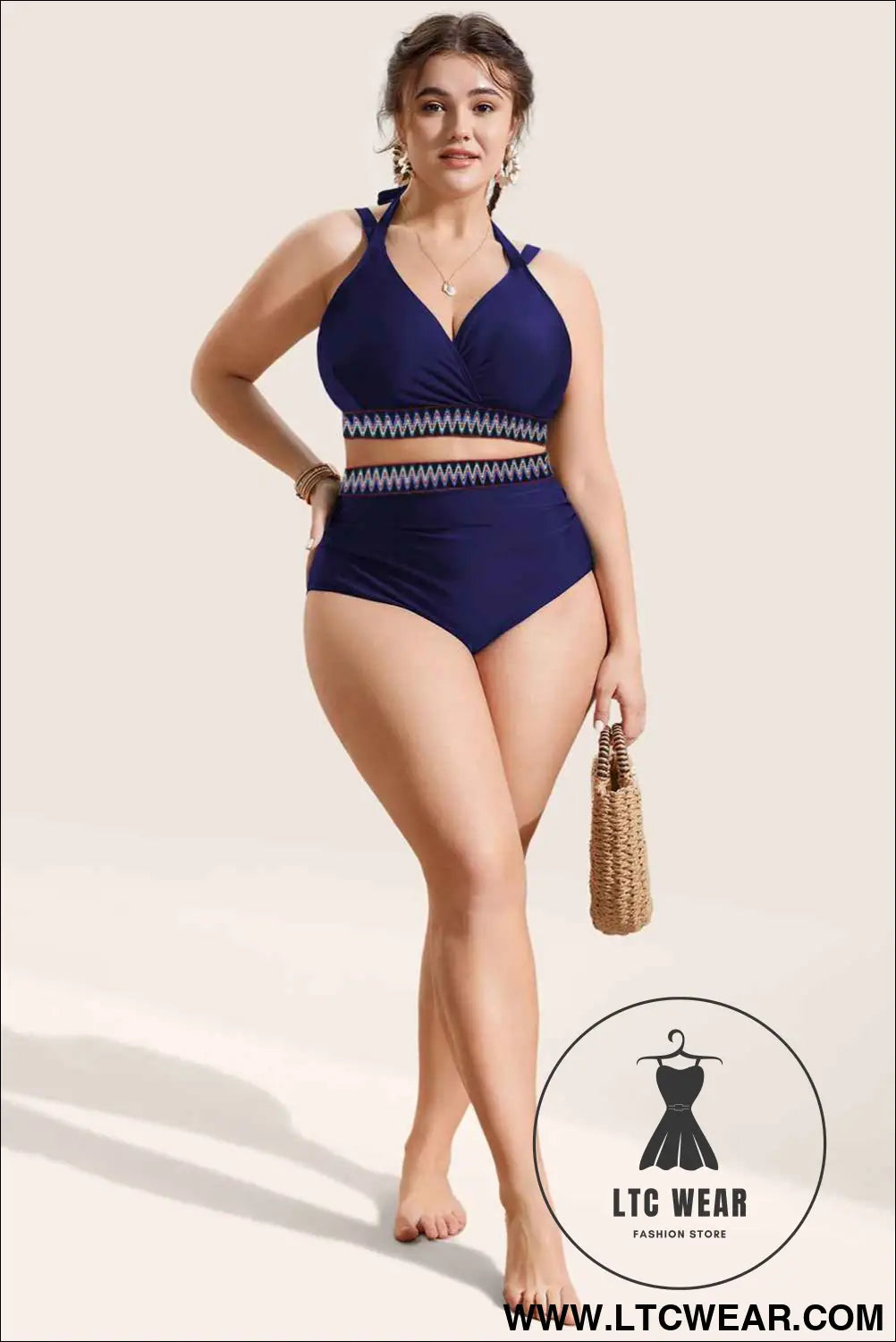 Navy Blue Embroidered Trim Wrap Tie Knot Plus Size High Waisted Bikini Set