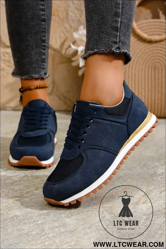 Navy Blue Faux Suede Mixed Patchwork Retro Jogger Sneakers - L.T.C Wear Online Fashion Store