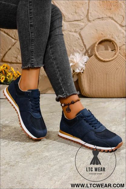 Navy Blue Faux Suede Mixed Patchwork Retro Jogger Sneakers - L.T.C Wear Online Fashion Store