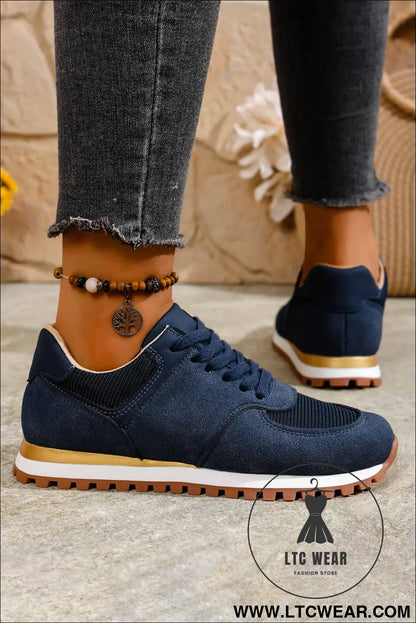 Navy Blue Faux Suede Mixed Patchwork Retro Jogger Sneakers - L.T.C Wear Online Fashion Store