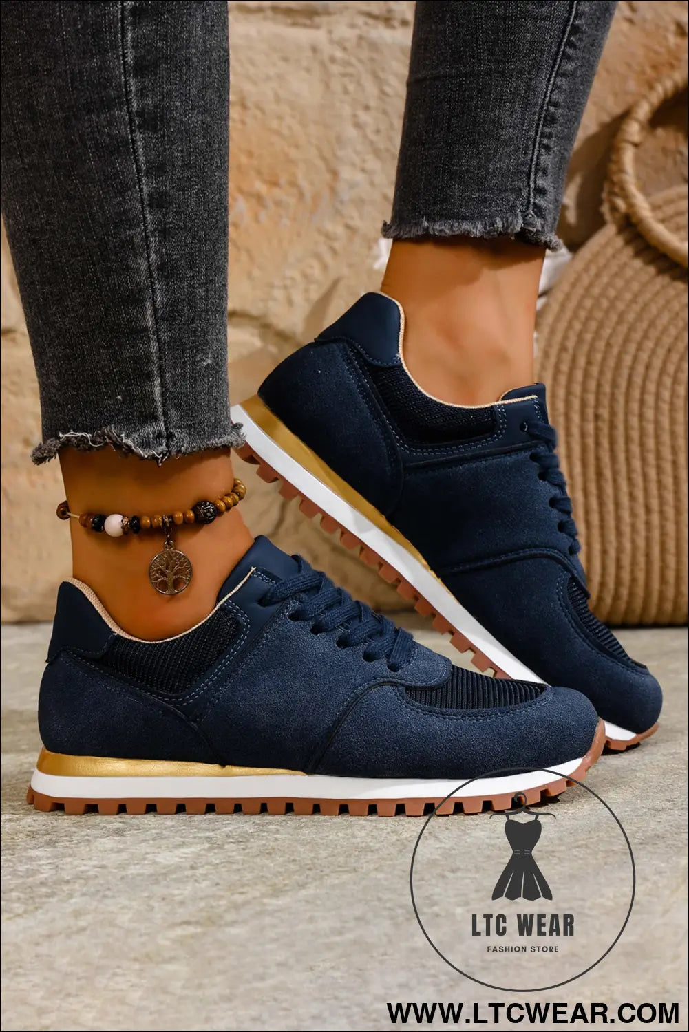 Navy Blue Faux Suede Mixed Patchwork Retro Jogger Sneakers - L.T.C Wear Online Fashion Store