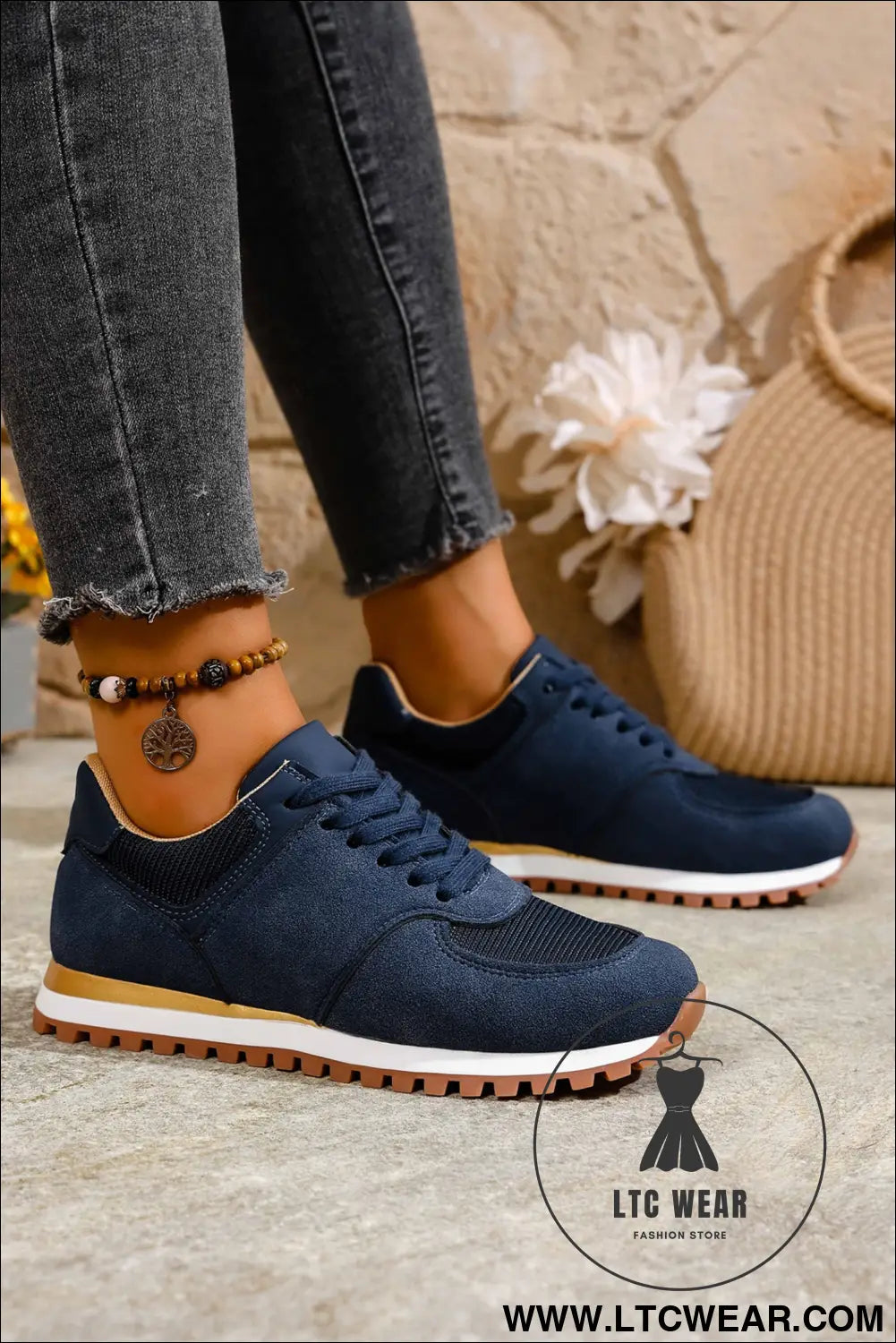 Navy Blue Faux Suede Mixed Patchwork Retro Jogger Sneakers - L.T.C Wear Online Fashion Store