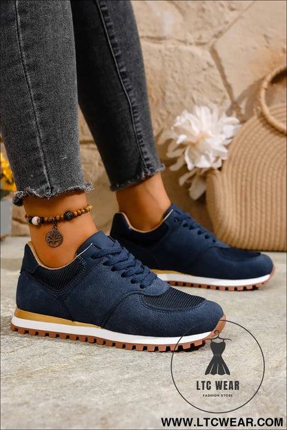 Navy Blue Faux Suede Mixed Patchwork Retro Jogger Sneakers - L.T.C Wear Online Fashion Store