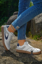 Navy blue pu leather lace up sneakers - womens shoes