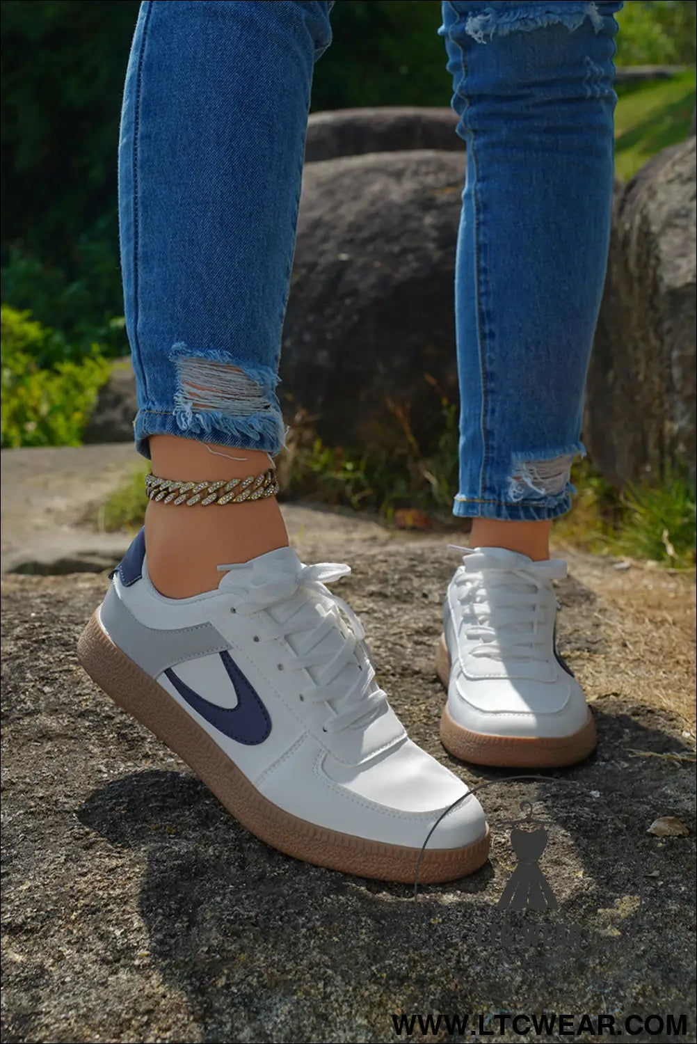 Navy blue pu leather lace up sneakers - womens shoes