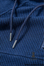 Navy blue ribbed knit cropped hoodie and drawstring joggers set - activewear sets
