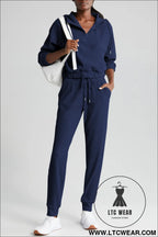 Navy blue ribbed knit cropped hoodie and drawstring joggers set - navy blue / 2xl / 95% polyester + 5% elastane