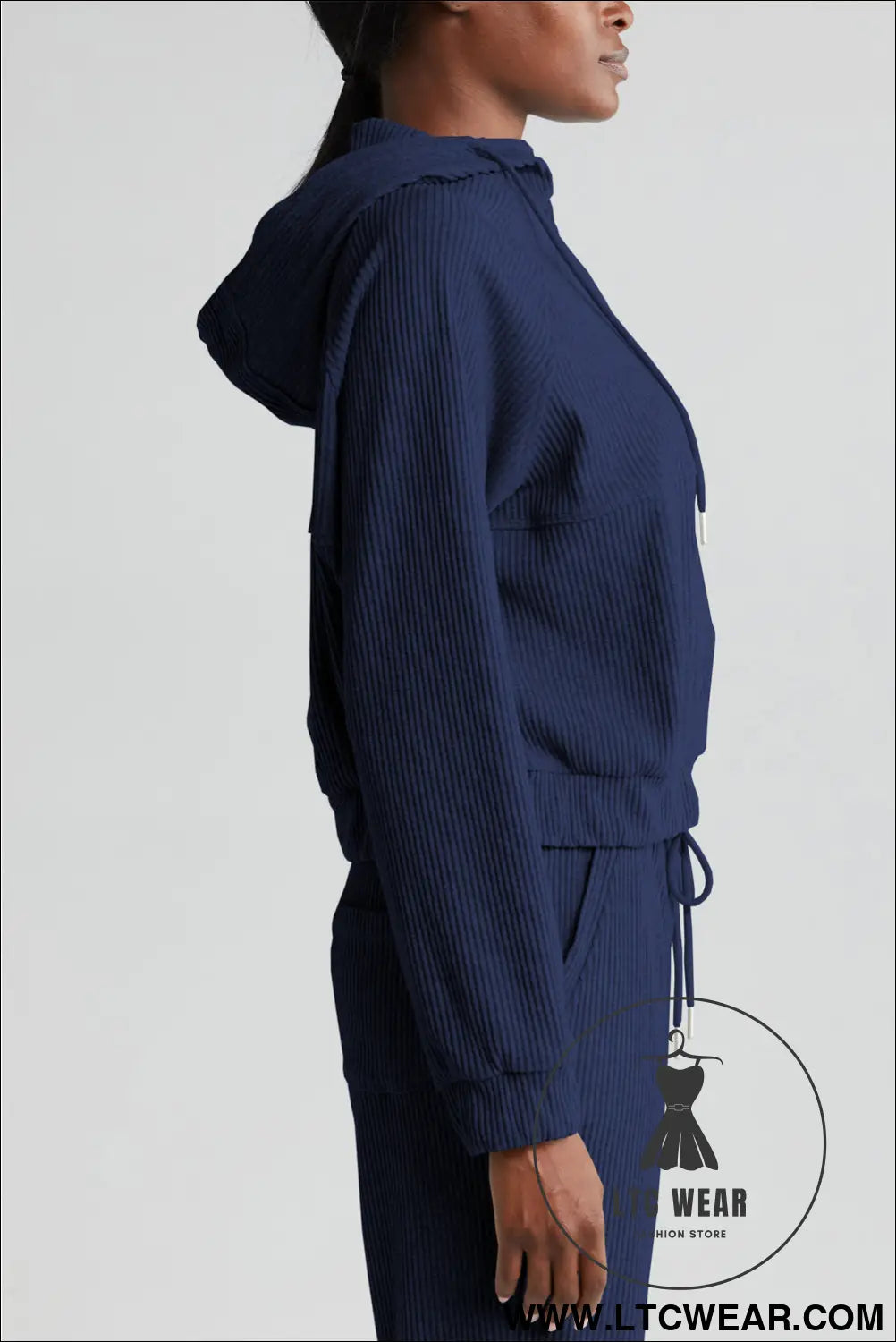 Navy blue ribbed knit cropped hoodie and drawstring joggers set - activewear sets