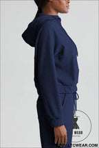 Navy blue ribbed knit cropped hoodie and drawstring joggers set - activewear sets