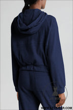 Navy blue ribbed knit cropped hoodie and drawstring joggers set - activewear sets