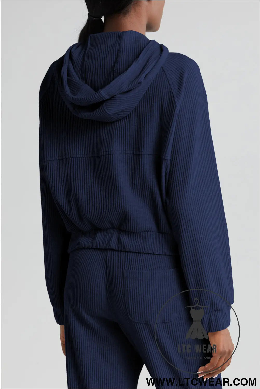 Navy blue ribbed knit cropped hoodie and drawstring joggers set - activewear sets