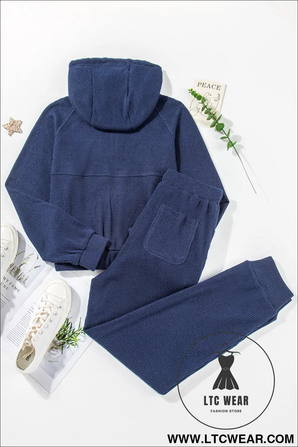 Navy blue ribbed knit cropped hoodie and drawstring joggers set - activewear sets