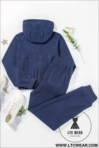 Navy blue ribbed knit cropped hoodie and drawstring joggers set - activewear sets