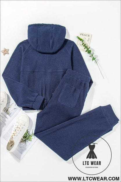 Navy blue ribbed knit cropped hoodie and drawstring joggers set - activewear sets