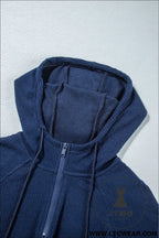 Navy blue ribbed knit cropped hoodie and drawstring joggers set - activewear sets