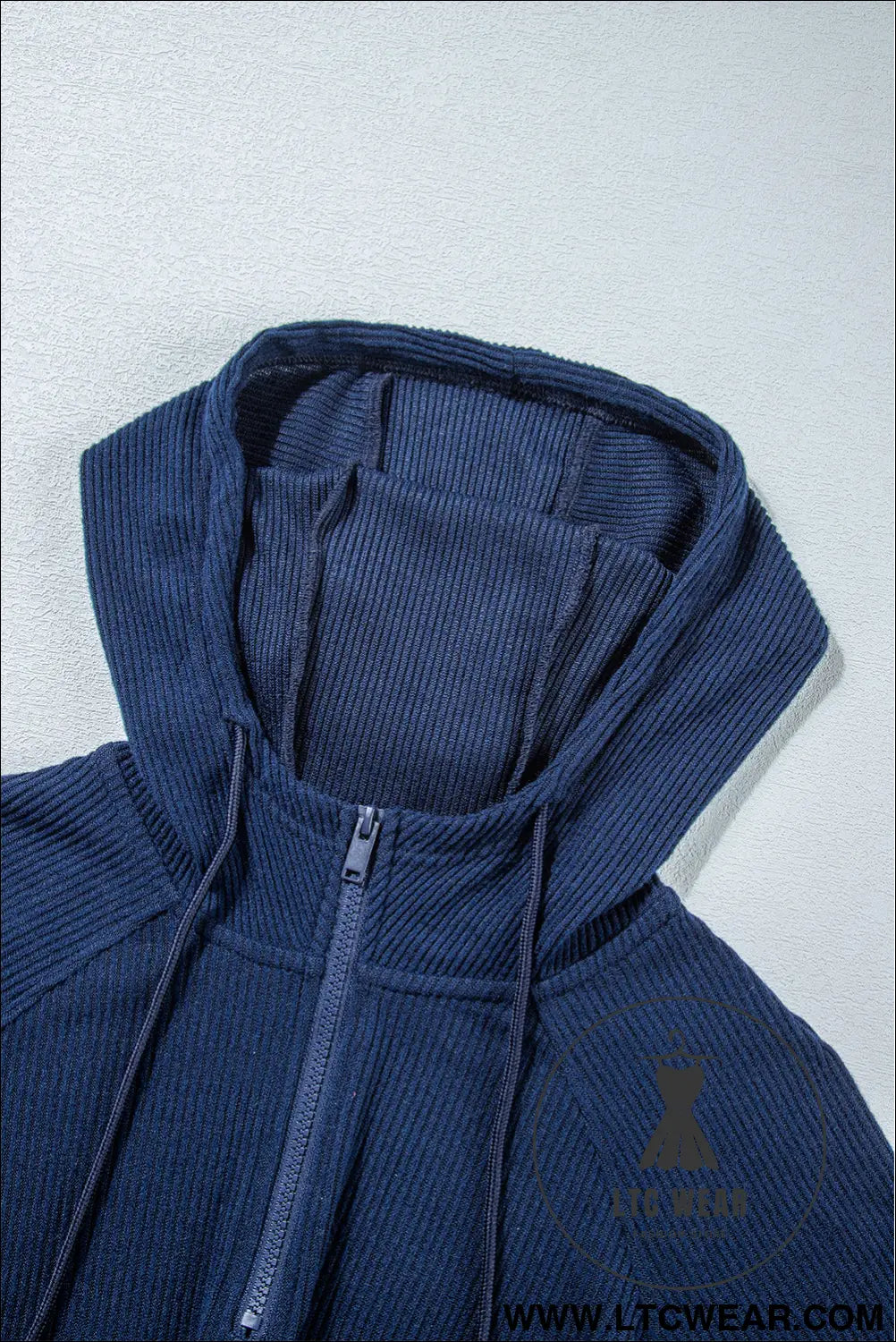 Navy blue ribbed knit cropped hoodie and drawstring joggers set - activewear sets